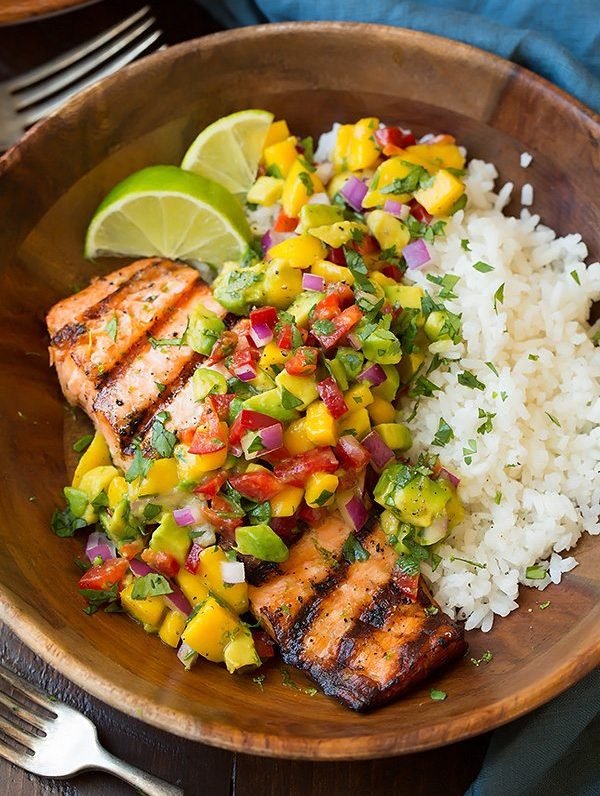 Grilled Lime Salmon with Avocado Mango Salsa and Coconut Rice
